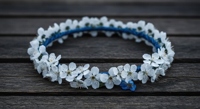 A delicate floral circlet featuring vibrant white blossoms and deep sapphire blue accents, resting on a rustic wooden surface ,decoration, leaves, arrangement