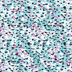 Full Seamless abstract leopard pattern with cheetah skin spots in turquoise, pink, white and grey. Modern animal print background for fashion textile, clothing, dress, scarf and trendy streetwear.