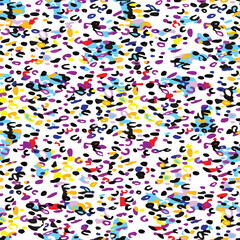 Full Seamless multicolor leopard cheetah pattern with playful neon yellow blue red and purple spots on white background. Vibrant animal skin print for kids fashion, baby clothing and fun textile. © MSK Design