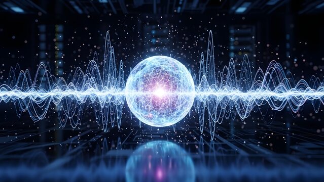 A futuristic concept showing a glowing energy core surrounded by high-frequency digital sound waves