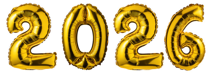 Happy New Year 2026 festive golden balloons isolated. on transparent background. Gold Numbers 2026.