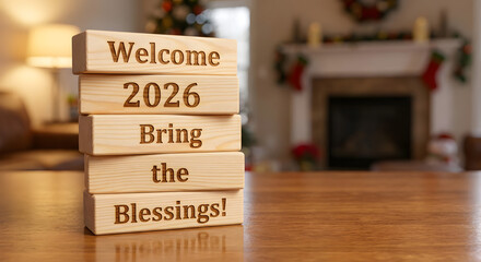 Decorative wooden blocks with welcoming message for 2026 holiday celebration