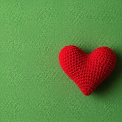 Obraz premium Cozy handmade red knit heart resting on a vibrant, textured green fabric backdrop, symbolizing love, affection, comfort, and craft ,textile ,holiday ,affection