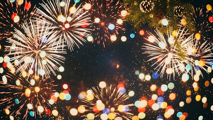 Vibrant abstract bokeh lights and festive fireworks exploding in a dark sky, celebrating a special occasion with a magical glow
