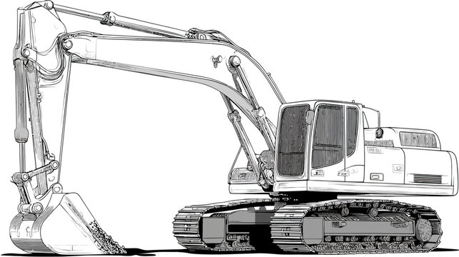 Detailed technical drawing of a heavy-duty hydraulic excavator, construction machinery illustration on white background