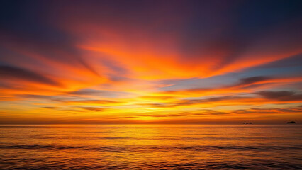 Dramatic vibrant ocean sunset landscape fiery orange red yellow sky reflecting over dark sea water horizon breathtaking natural view seascape background travel