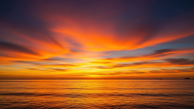 Dramatic vibrant ocean sunset landscape fiery orange red yellow sky reflecting over dark sea water horizon breathtaking natural view seascape background travel - Powered by Adobe