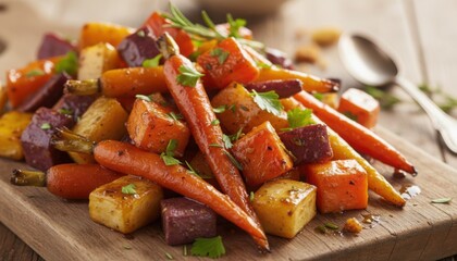 A rustic roasted root vegetable medley featuring carrot beet and potato pieces glistens with herbs and seasoning in warm light creating a hearty flavorful dish for a comforting meal