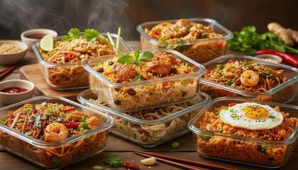 Fototapeta premium A colorful selection of steaming noodle and rice dishes is arranged in glass containers showcasing diverse ingredients vibrant textures and warm freshly prepared food for a hearty meal