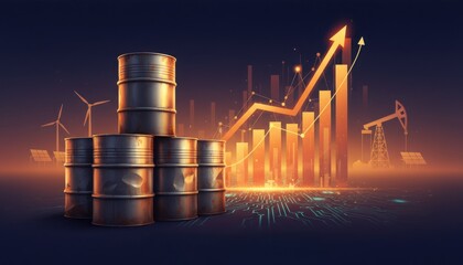 Rising energy market trend depicted by glowing chart behind oil barrel with renewable energy icons in futuristic scene
