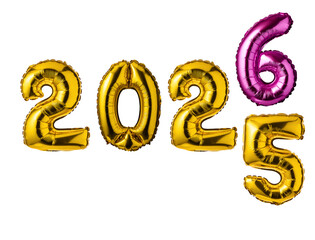 Happy New Year 2026 festive golden balloons isolated on transparent background.  Numbers 2026 and 2025.