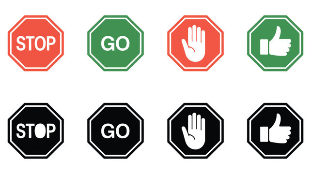 Traffic signs icon set, stop and go symbols, red green and black icons, hand and thumb symbols, road safety signs, traffic control, warning icons, directional symbols, pedestrian symbols,