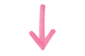 Pink hand-drawn watercolor arrow pointing down, indicating direction, download, or navigation on transparent background