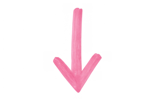 Pink hand-drawn watercolor arrow pointing down, indicating direction, download, or navigation on transparent background - Powered by Adobe