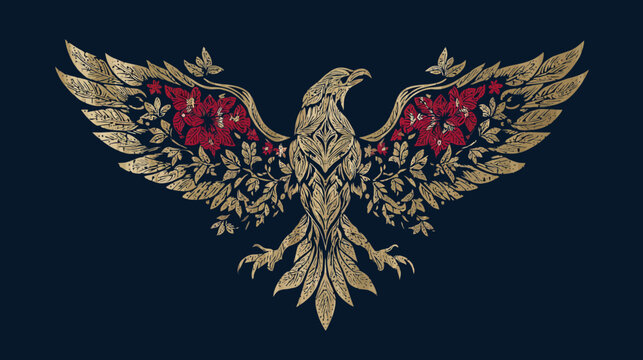 Majestic golden ornamental eagle illustration with detailed foliage and red floral patterned wings, heraldic design concept.