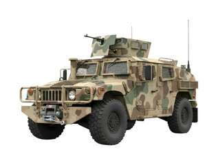 Fototapeta premium Powerful military armored vehicle, painted in desert camouflage, features a mounted machine gun and robust protective grilles, symbolizing strength and defense.
