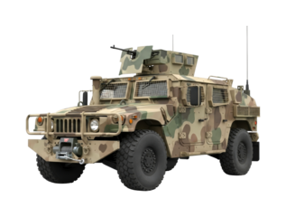 Powerful military armored vehicle, painted in desert camouflage, features a mounted machine gun and robust protective grilles, symbolizing strength and defense.