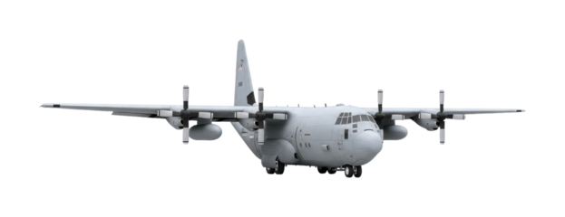 Large grey military transport aircraft with four turboprop engines, designed for heavy-duty cargo and personnel movement, ready for deployment.
