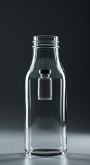 A clear glass miniature bottle captured inside a much larger transparent glass bottle standing upright on a clean white surface backdrop, background, unusual, white