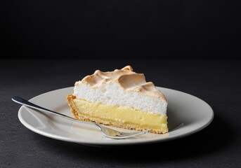 A delicious white pie piece, topped with soft, cloudlike meringue, rests on a simple serving plate ready to be enjoyed as a sweet treat ,gastronomy ,white ,meringue