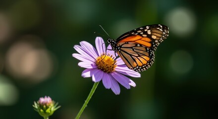 Close up macro shot of a beautiful orange and black monarch butterfly resting gently on a bright purple summer flower in a sunny garden environment ,delicate ,wild ,plant