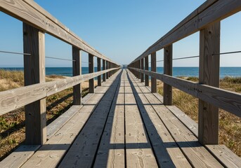 Obraz premium Close-up of sturdy wooden planks and secure railing posts on a seaside boardwalk structure ensuring pedestrian protection and compliance, construction, walkway, secure