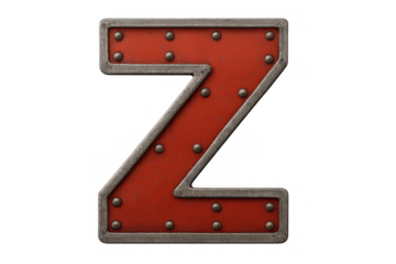 Letter z in a rugged red metal design, featuring an industrial style with rivets and a sturdy frame on a transparent background