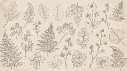 Vintage botanical illustrations featuring various leaves, ferns, and delicate flowers in a hand-drawn sketch style on a textured background.