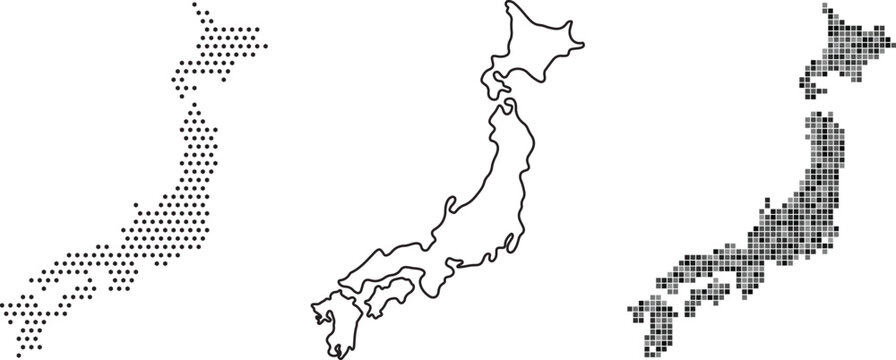 Black and white map of japan with pixelated design elements on
