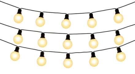String of glowing yellow light bulbs isolated isolated on transparent background