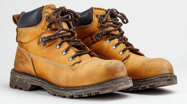 Worn dirty tan leather work boots with laces on white background