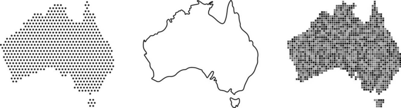 Three different pixelated and line illustrations of australia map