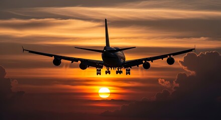 Airplane silhouette landing against a vibrant orange sunset sky with dramatic clouds
