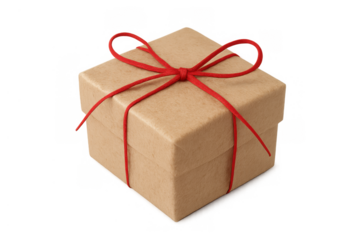 Gift box wrapped in brown paper with red ribbon and bow, symbolizing celebration, surprise, and holidays, transparent background