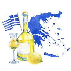 Watercolor composition with the outline of the country, the national flag and a lemon drink on an isolated background. A vivid illustration in yellow and blue colors typical of the culture of Greece