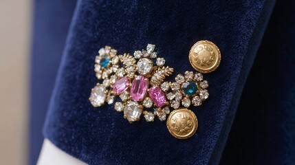 Close-Up of Navy Velvet Blazer Sleeve with Vintage Brooch Cluster in Soft Light
