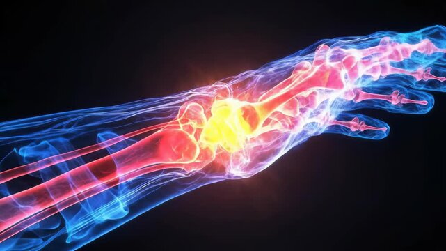Detailed medical scan of an injured human wrist joint displaying intense glowing yellow pain and inflammation within the translucent skeletal structure, body anatomy, science concept.