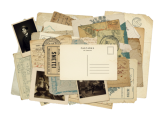 Collection of vintage old paper documents photographs postcards and other aged memorabilia creating a nostalgic historical collage.