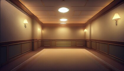 empty backrooms interior beige carpeted room with fluorescent lighting patterned wallpaper and an eerie liminal atmosphere associated with backrooms