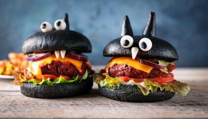 creative monster themed burgers with black buns cheese and playful toppings for fun dining experience
