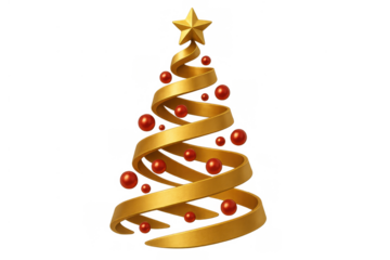 Stylized golden ribbon christmas tree creating a festive holiday symbol with red ornaments and a star on top