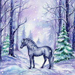 horse in winter forest