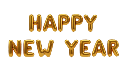 Golden happy new year balloon letters isolated on transparent background