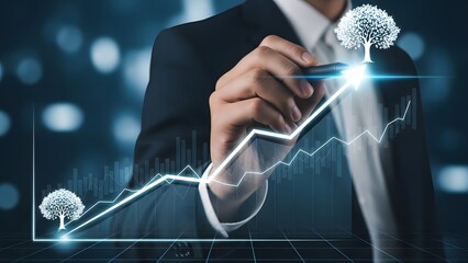 Business professional interacting with a digital growth chart and fingerprint technology