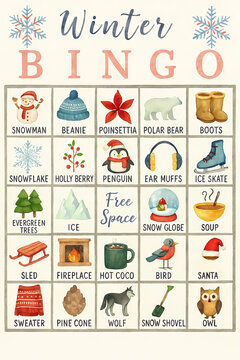 Bingo game template with set of christmas icons, xmas fun activity, family holidays, graphic design illustration 