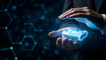 Hands interacting with a glowing digital interface representing futuristic technology and data streams