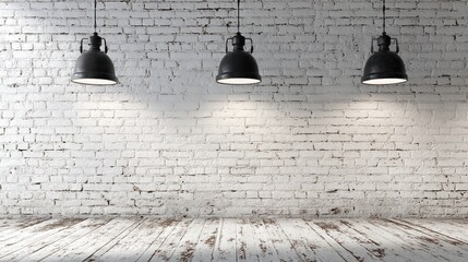 Grungy white brick wall with three industrial lamps and wooden floor
