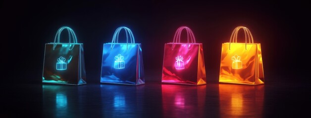 Four colorful shopping bags with glowing gift icons in neon lights