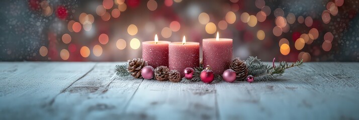 Elegant festive composition with pink candles and Christmas balls