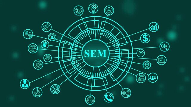 sem concept video animation,Symbols Search Engine Marketing. 4k animation motion graphics.S E M strategy digital marketing growth finance security partnership business success icons 